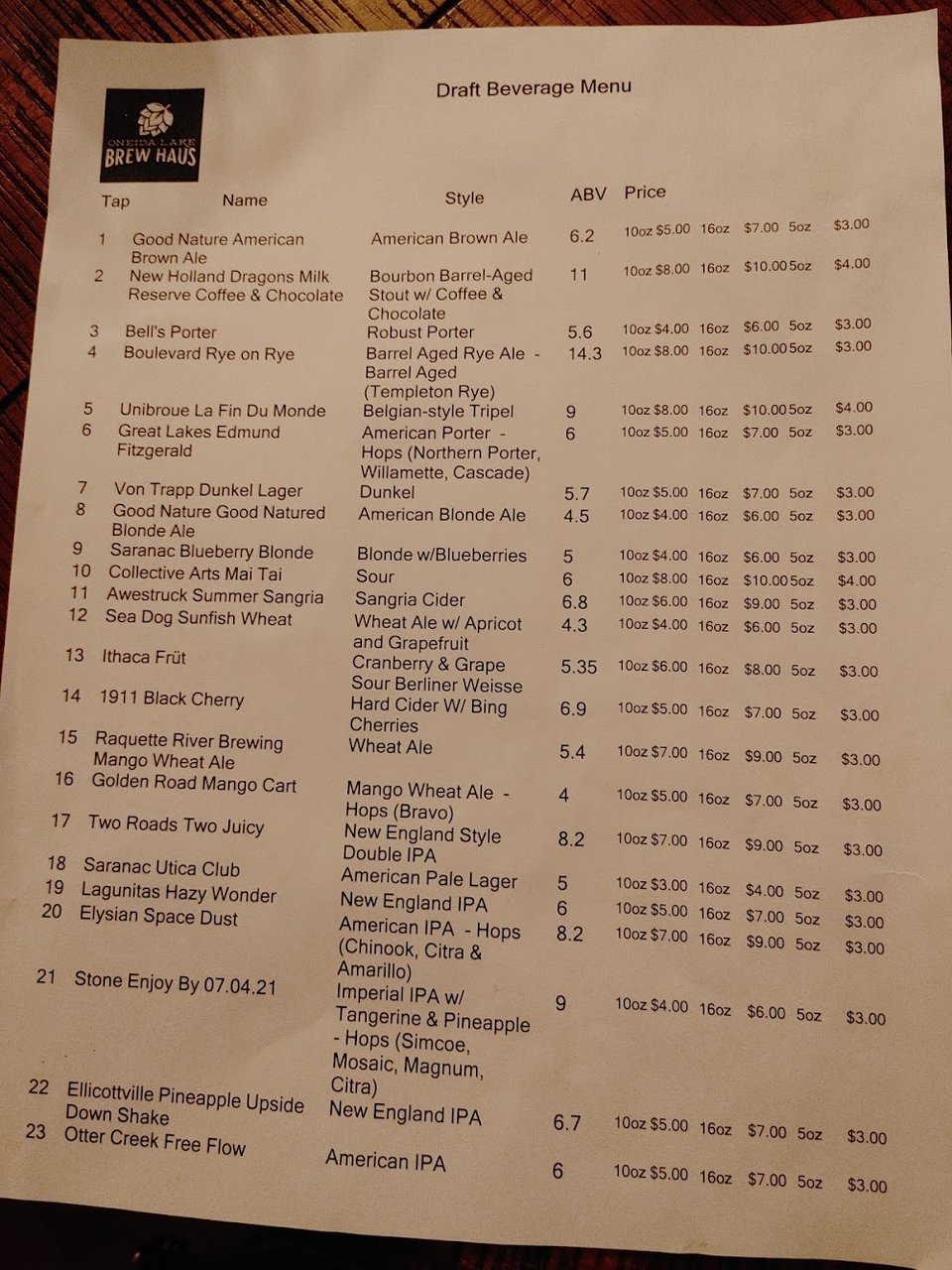 Beverage menu with beers and ciders.